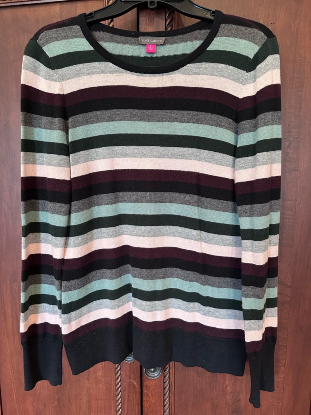 Vince Camuto Striped Crewneck Sweater in Mint, Burgundy & Black